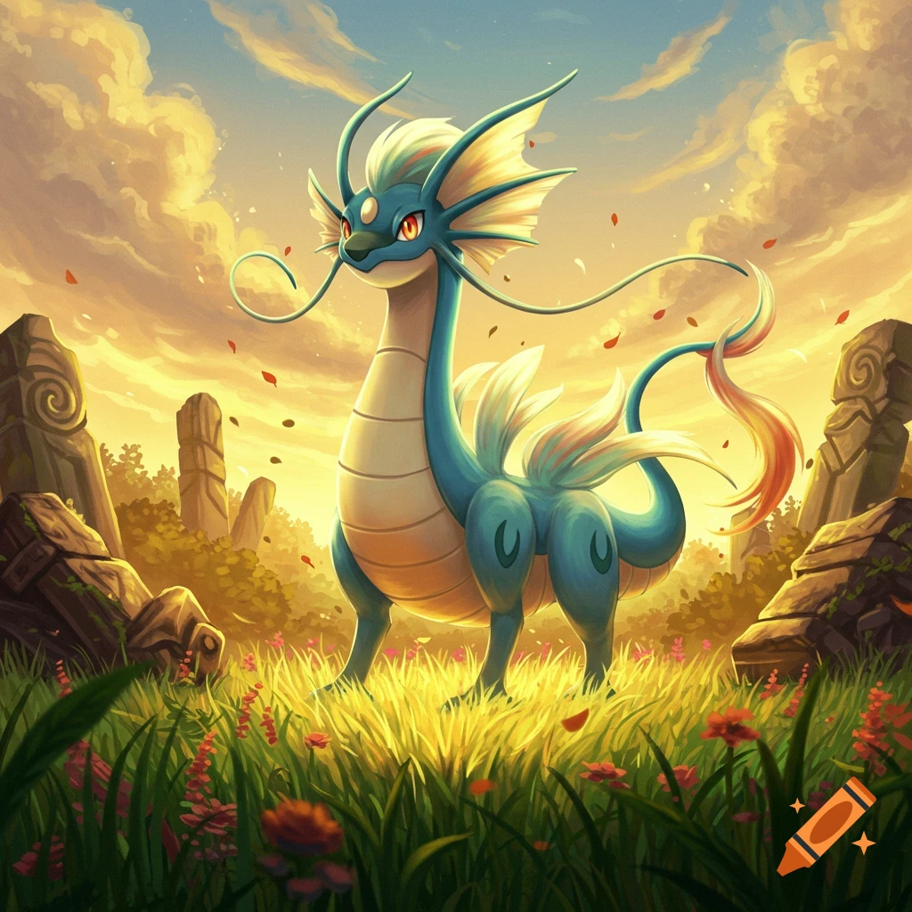 A blue dragon-like Pokemon stands in a sunlit grassy field with ancient stone ruins under a golden cloudy sky at sunset.