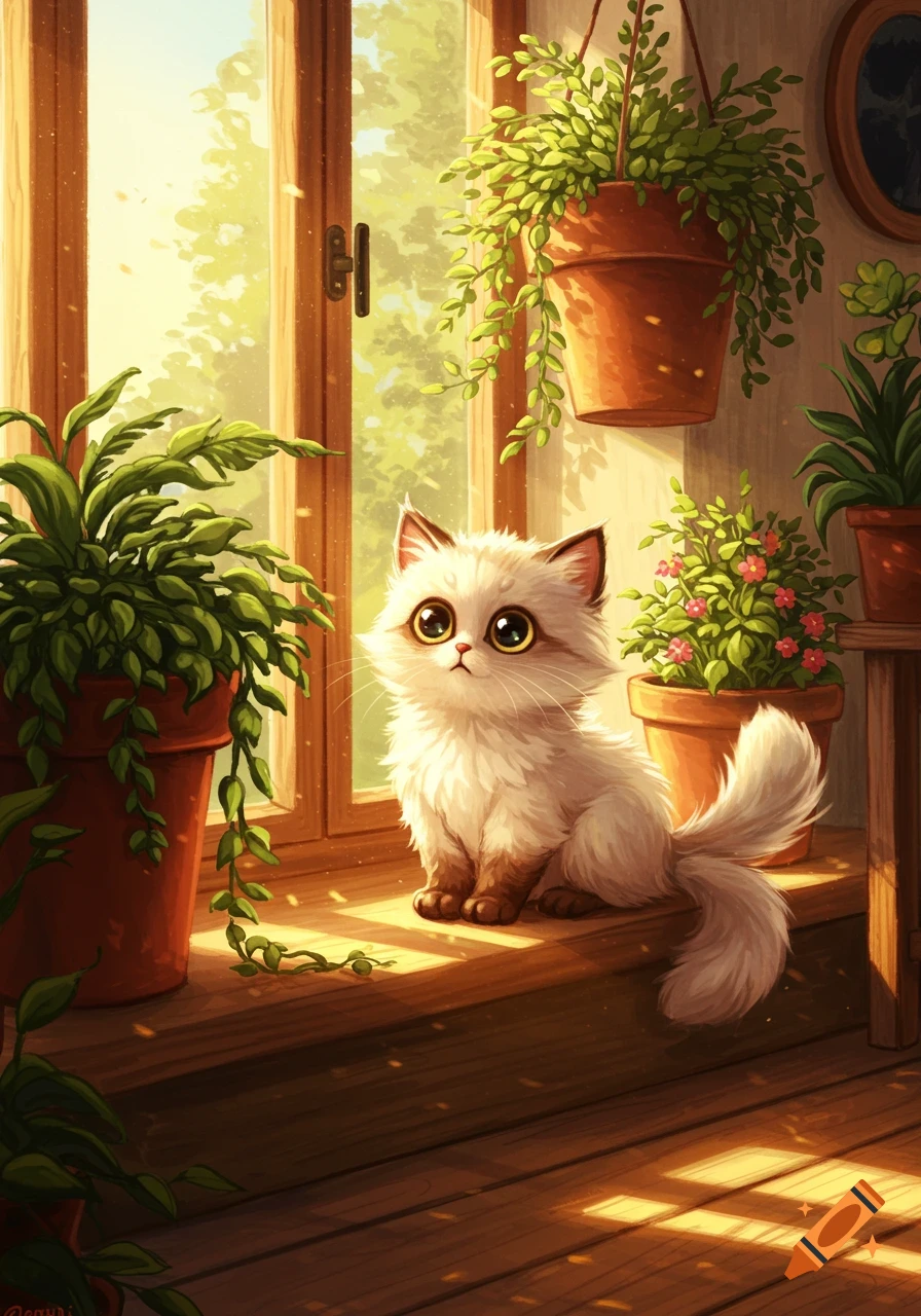 A cute fluffy cat with big eyes sits on a sunlit wooden windowsill, surrounded by green potted plants, in a digital art style.