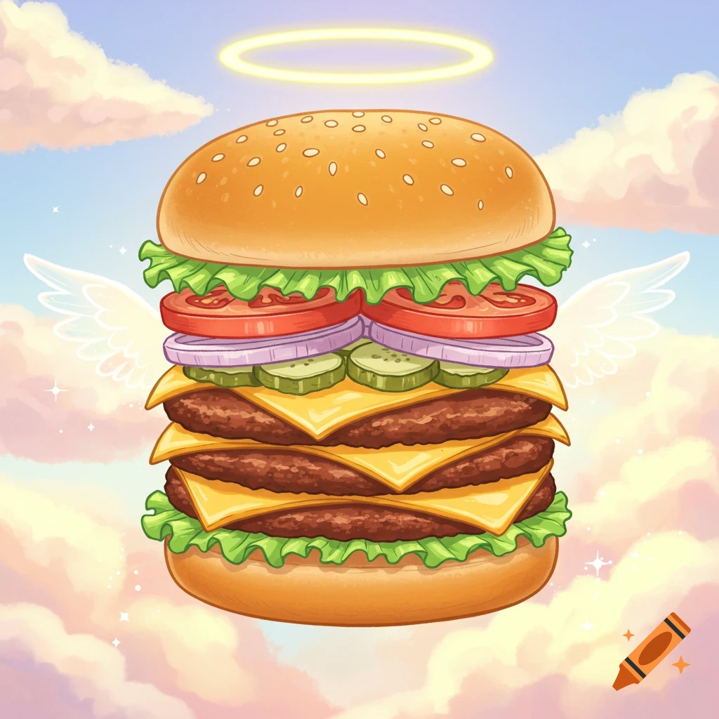 A cartoon multi-patty hamburger with white wings and a golden halo floats in a sky with pink and white clouds.