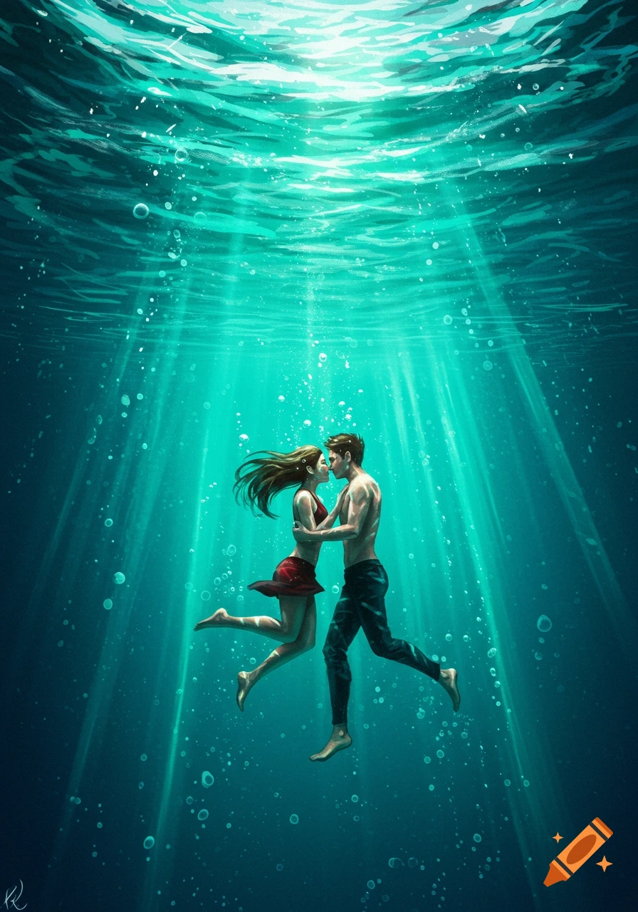Illustration of a romantic couple embracing and kissing underwater, illuminated by sunrays.