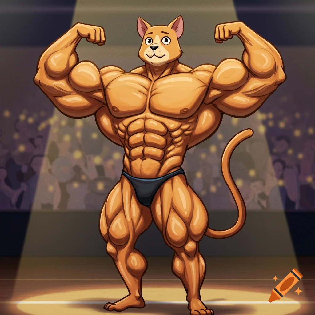 An extremely muscular anthropomorphic cat bodybuilder flexing its biceps on a spotlighted stage in a cartoon style.