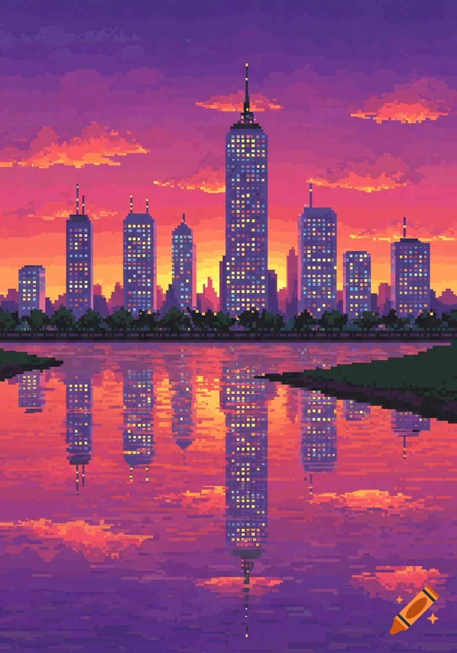 Vibrant pixel art cityscape with illuminated buildings reflected in water against a purple and orange sunset sky.