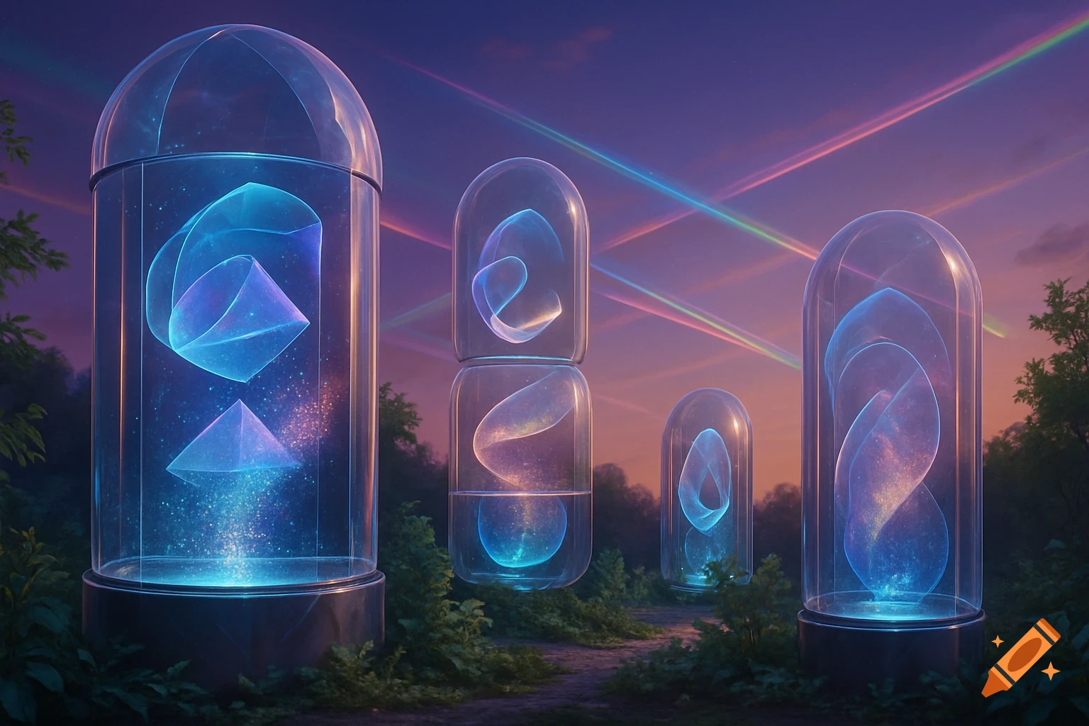 Multiple glowing blue and purple time capsules stand along a path in a forest at dusk, with colorful laser beams crossing the sky.