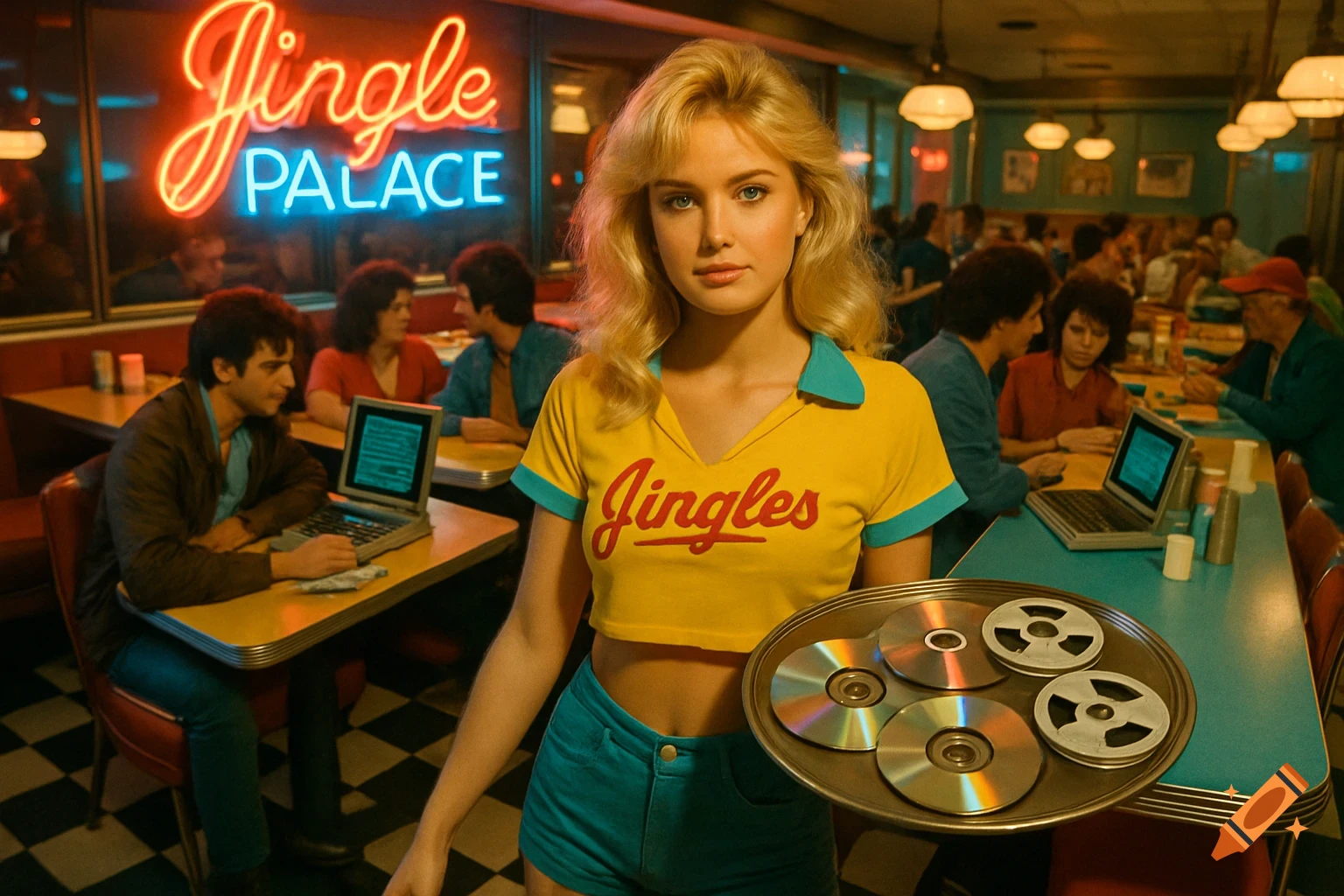 Blonde waitress in a 1980s diner in a yellow crop top, holding a tray with CDs and tape reels. Neon sign 'Jingle Palace' in background.