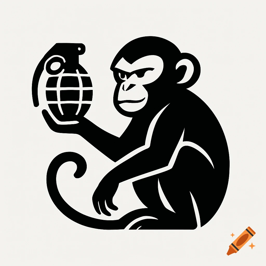 A monochrome logo depicting a stylized monkey sitting and holding a grenade.