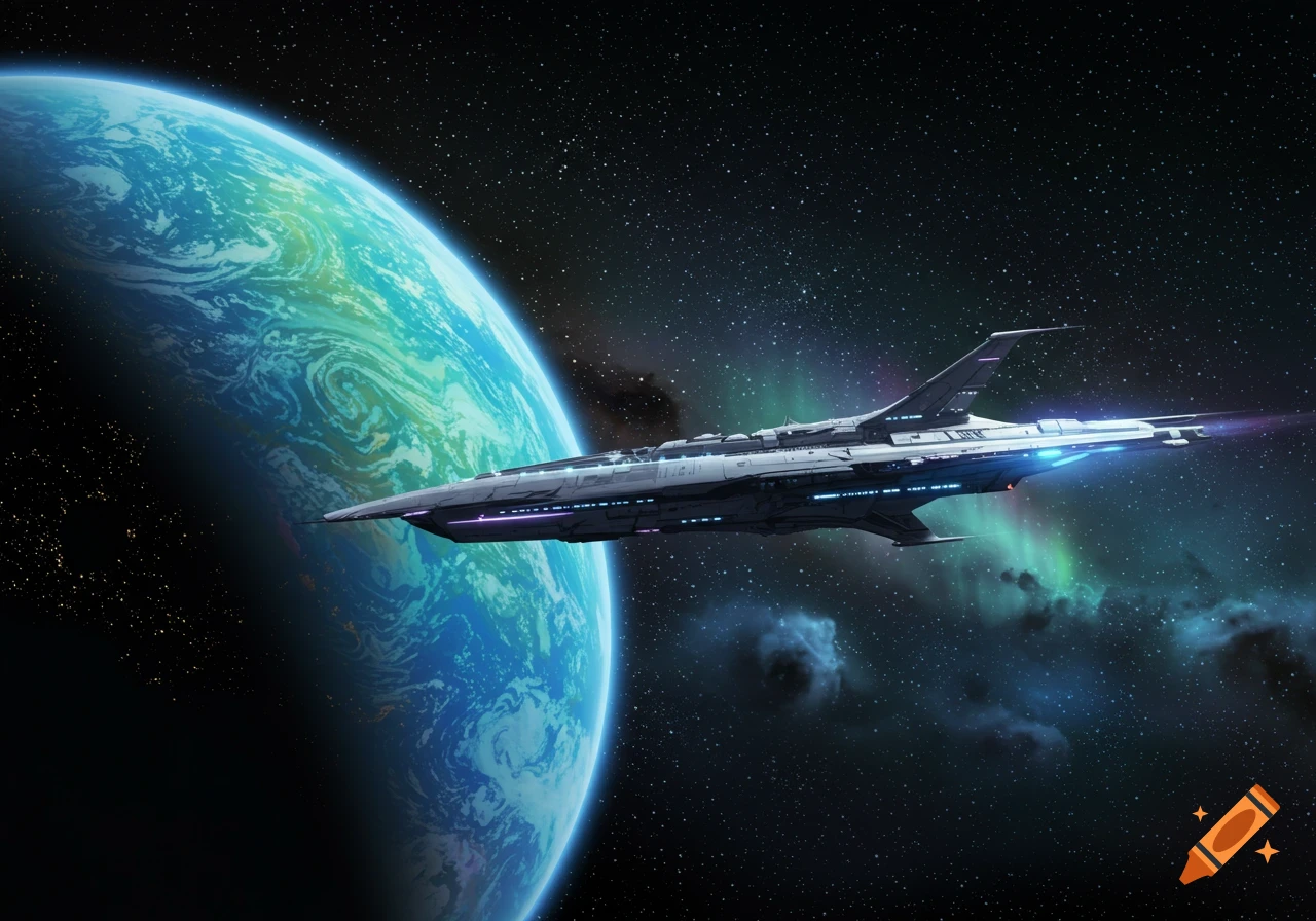A sleek spaceship flies past a vibrant blue and green planet in outer space with stars and nebulae.