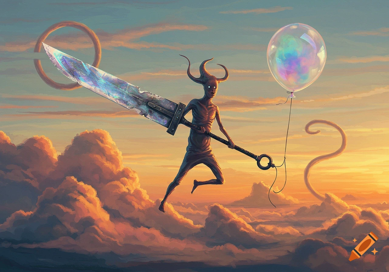A horned, emaciated figure with a large iridescent sword and a colorful balloon leaps above orange clouds at sunset.