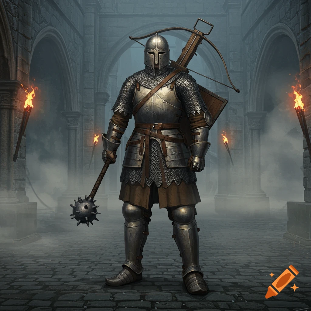 A fully armored medieval knight holding a mace stands under a stone archway with torches, a crossbow on their back.