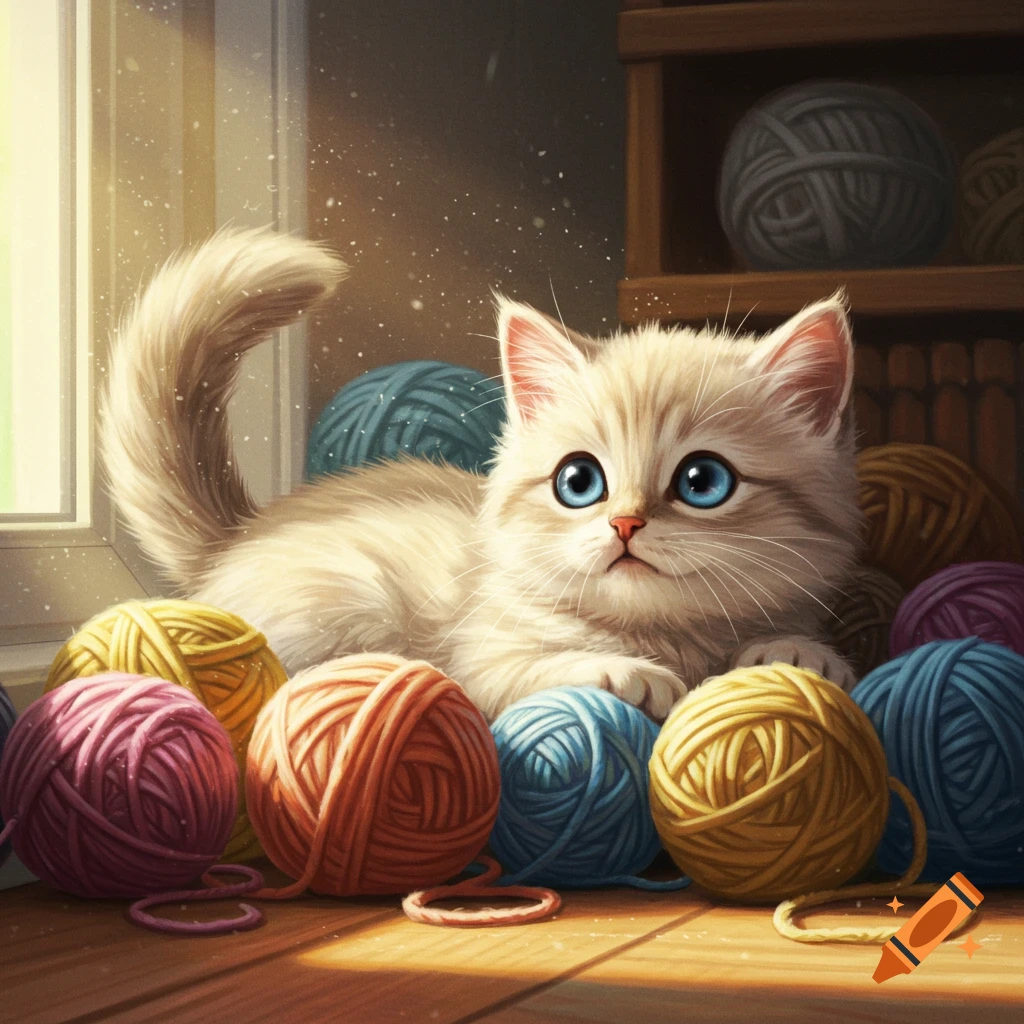 A fluffy white kitten with blue eyes lies among colorful balls of yarn on a wooden floor, by a sunlit window, digital painting.