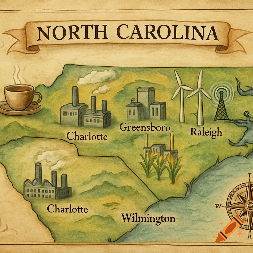 Illustrated vintage map of North Carolina showing cities like Charlotte, Greensboro, Raleigh, and Wilmington, with symbols for industries.