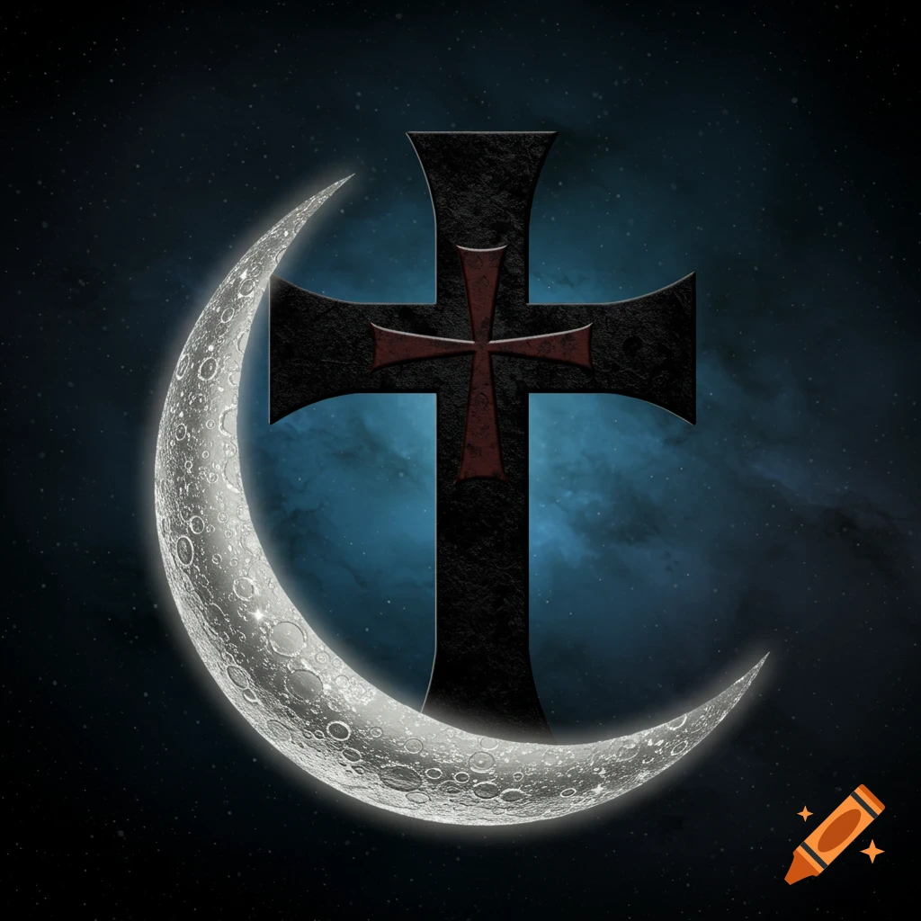 A black Templar cross layered behind a glowing silver crescent moon, set against a dark starry night sky with a blue nebula.
