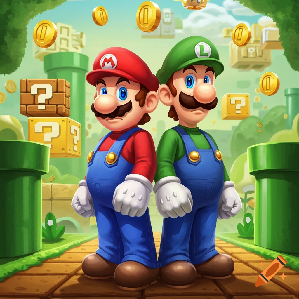 Mario and Luigi stand side-by-side in a vibrant Super Mario Bros. landscape with coins and question blocks.