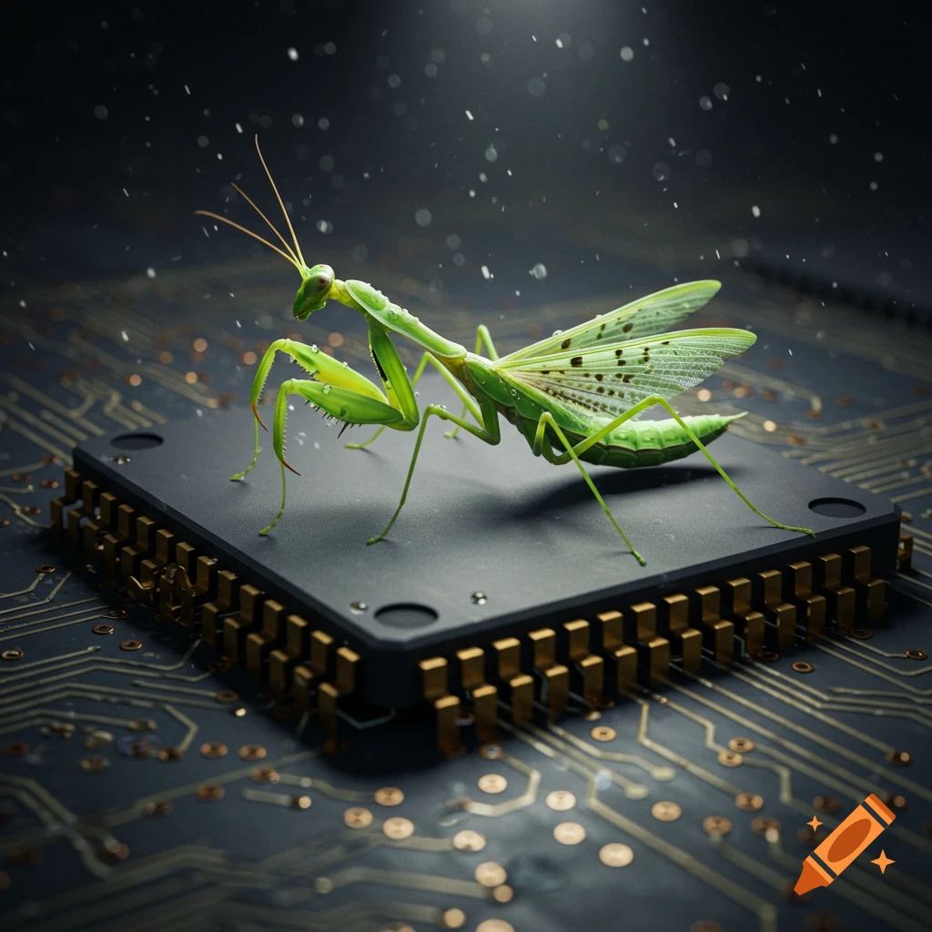 A green praying mantis stands on a black semiconductor chip resting on a dark circuit board with glowing traces, amidst scattered particles.