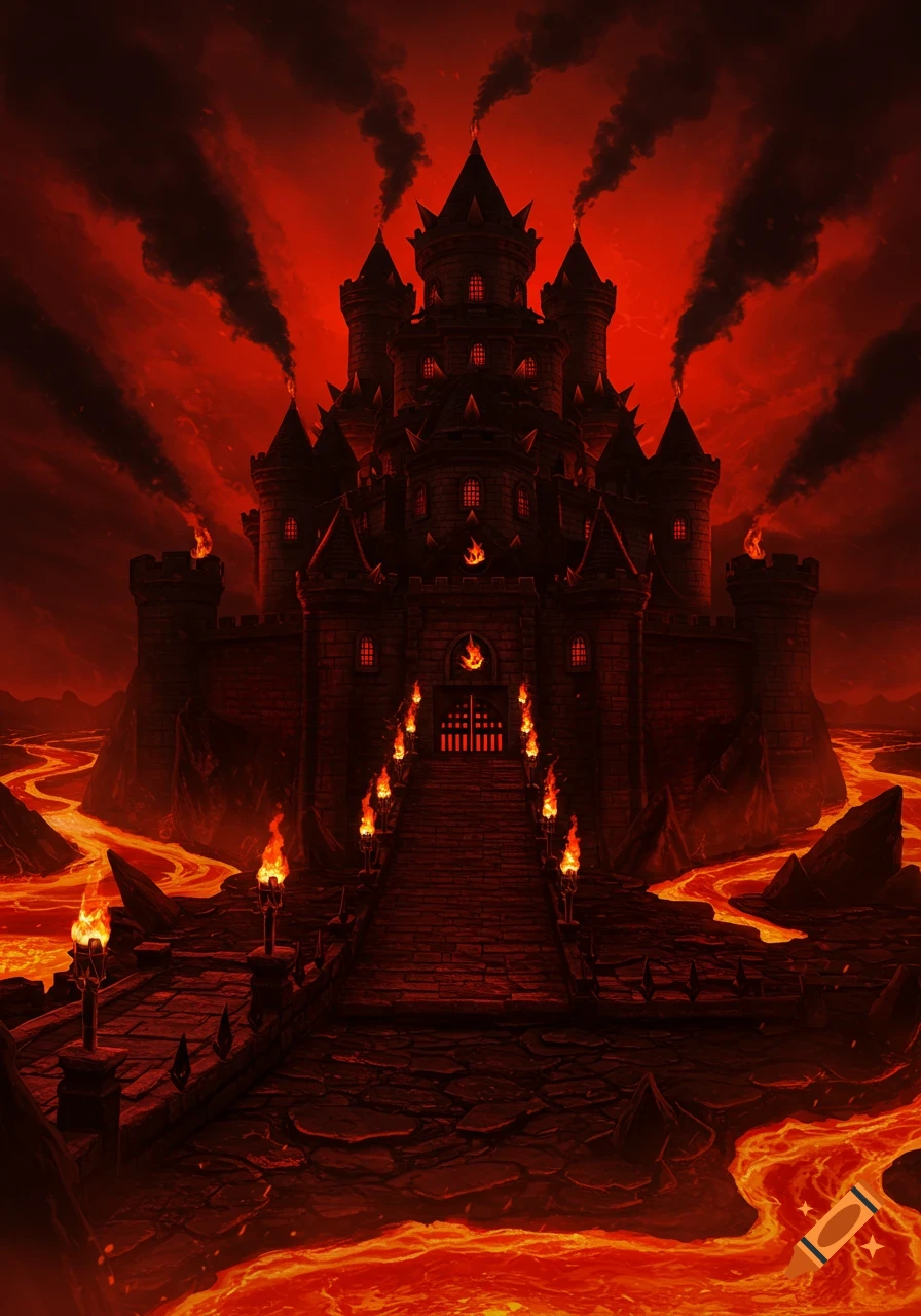 An ominous dark castle with spiked towers, surrounded by glowing lava rivers under a fiery red sky with dark smoke.