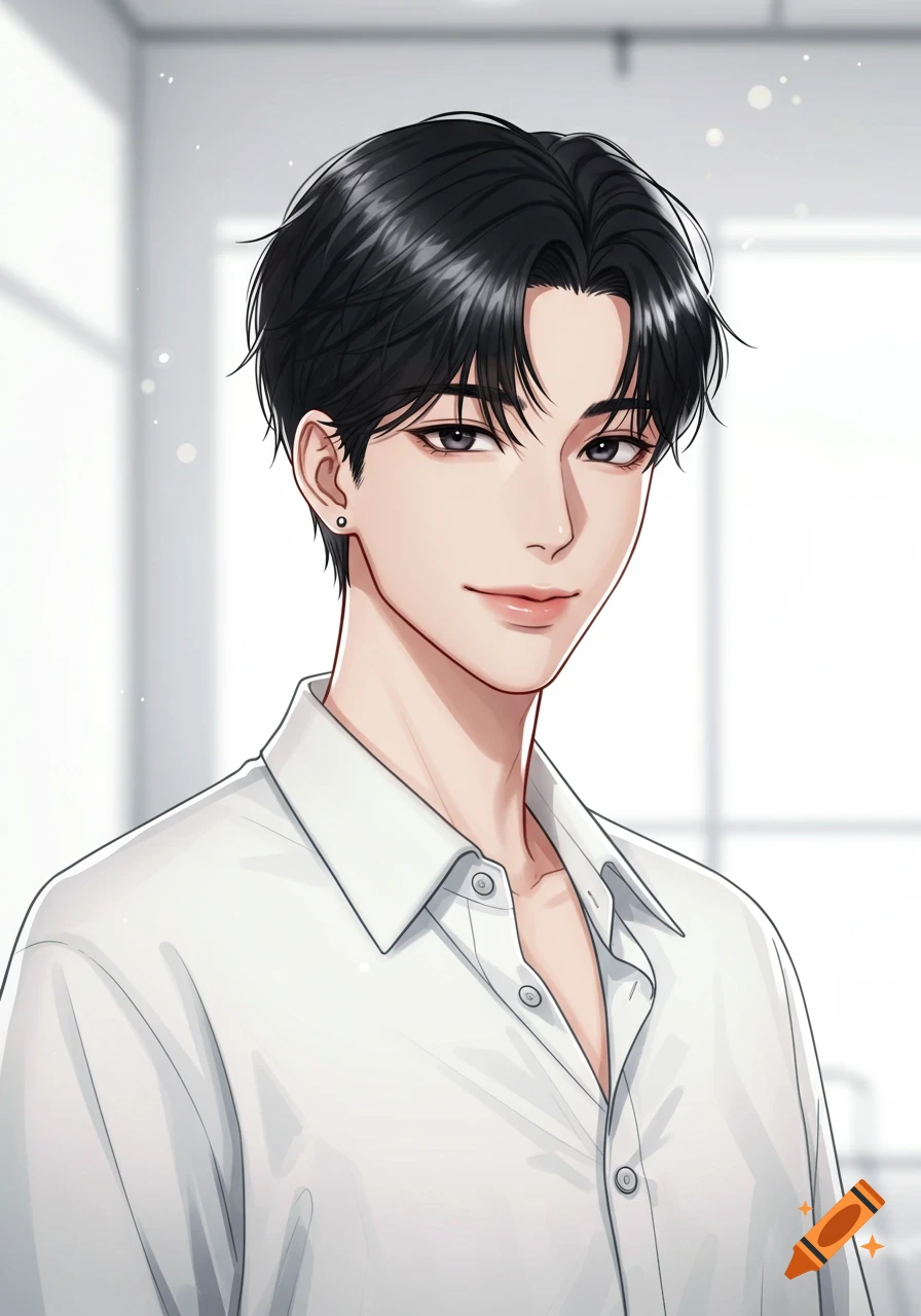 Anime-style portrait of a smiling young man with short black hair, wearing a white shirt against a bright background.