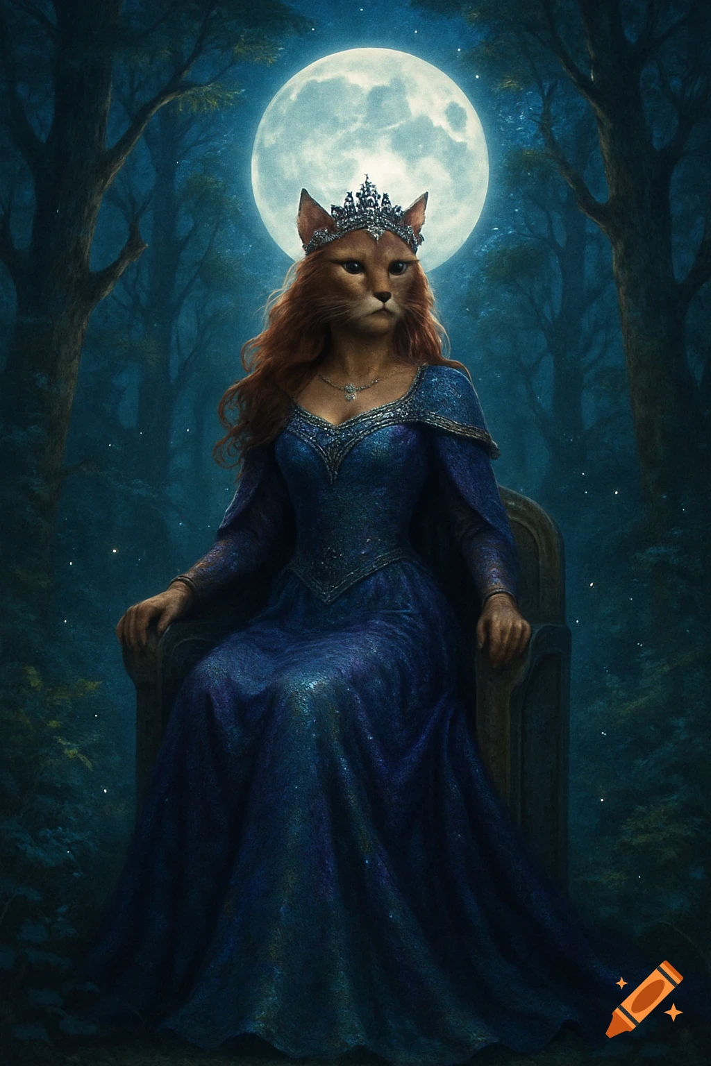 Regal anthro cat queen with red hair, wearing a blue gown and crown, sitting on a throne in an enchanted forest under a full moon.