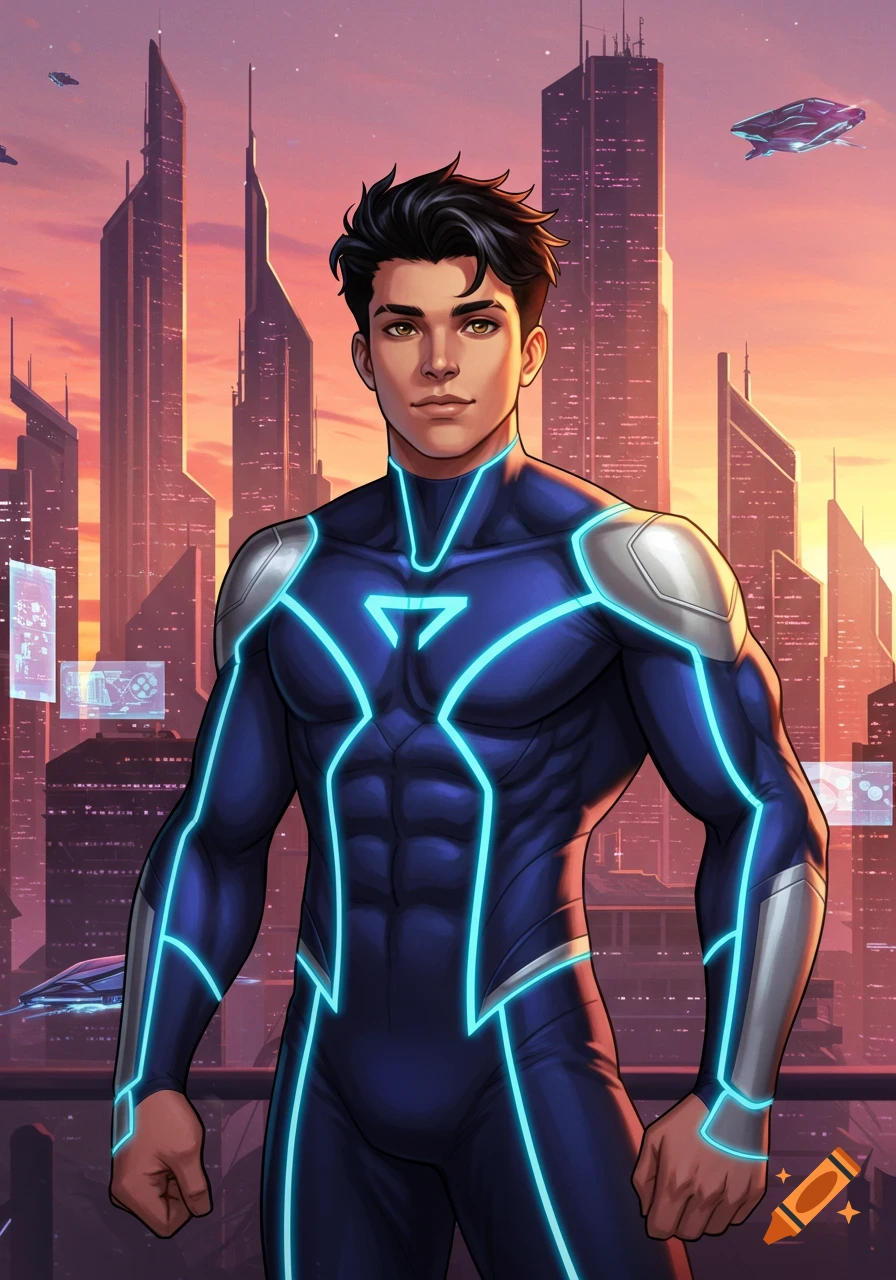 A handsome young man in a blue and silver superhero suit with glowing lines stands in a futuristic city at sunset, comic art.