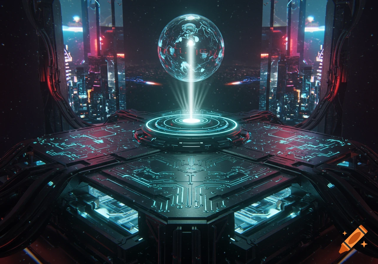 A futuristic machine with glowing circuits and a central energy beam connecting to a hovering orb, against a cyberpunk city background in space.