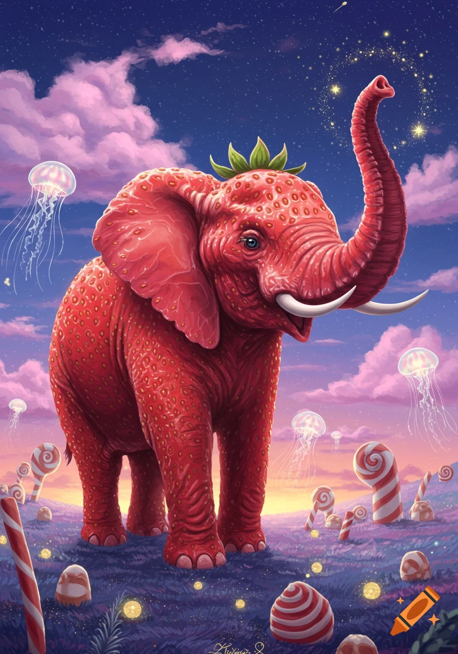 Vibrant illustration of a red strawberry elephant with a leaf crown, trunk raised, in a whimsical landscape with jellyfish and candy.