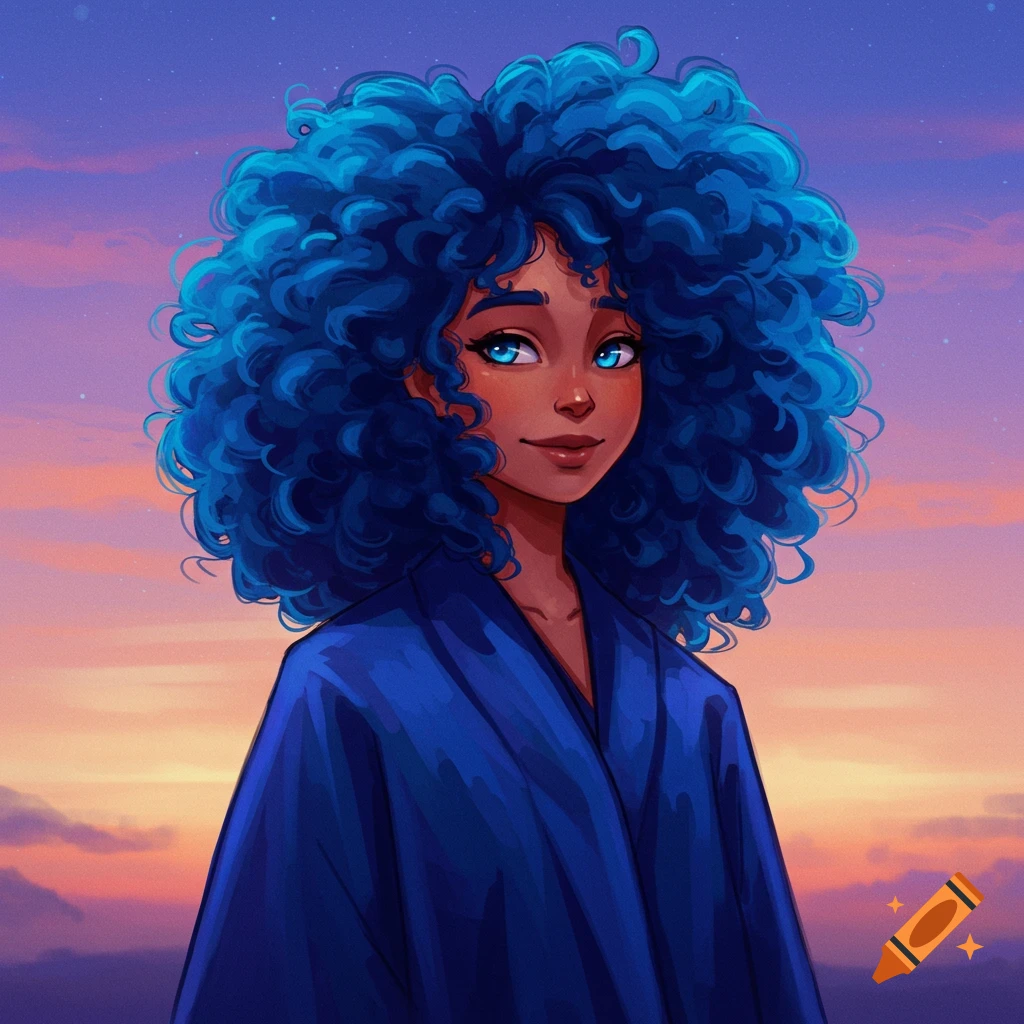 An anime woman with voluminous curly blue hair and blue eyes, wearing a dark blue overcoat, against a pastel sunset sky.