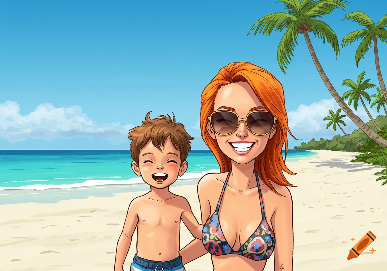 Cheerful illustration of a mother and her son smiling on a tropical beach with palm trees.
