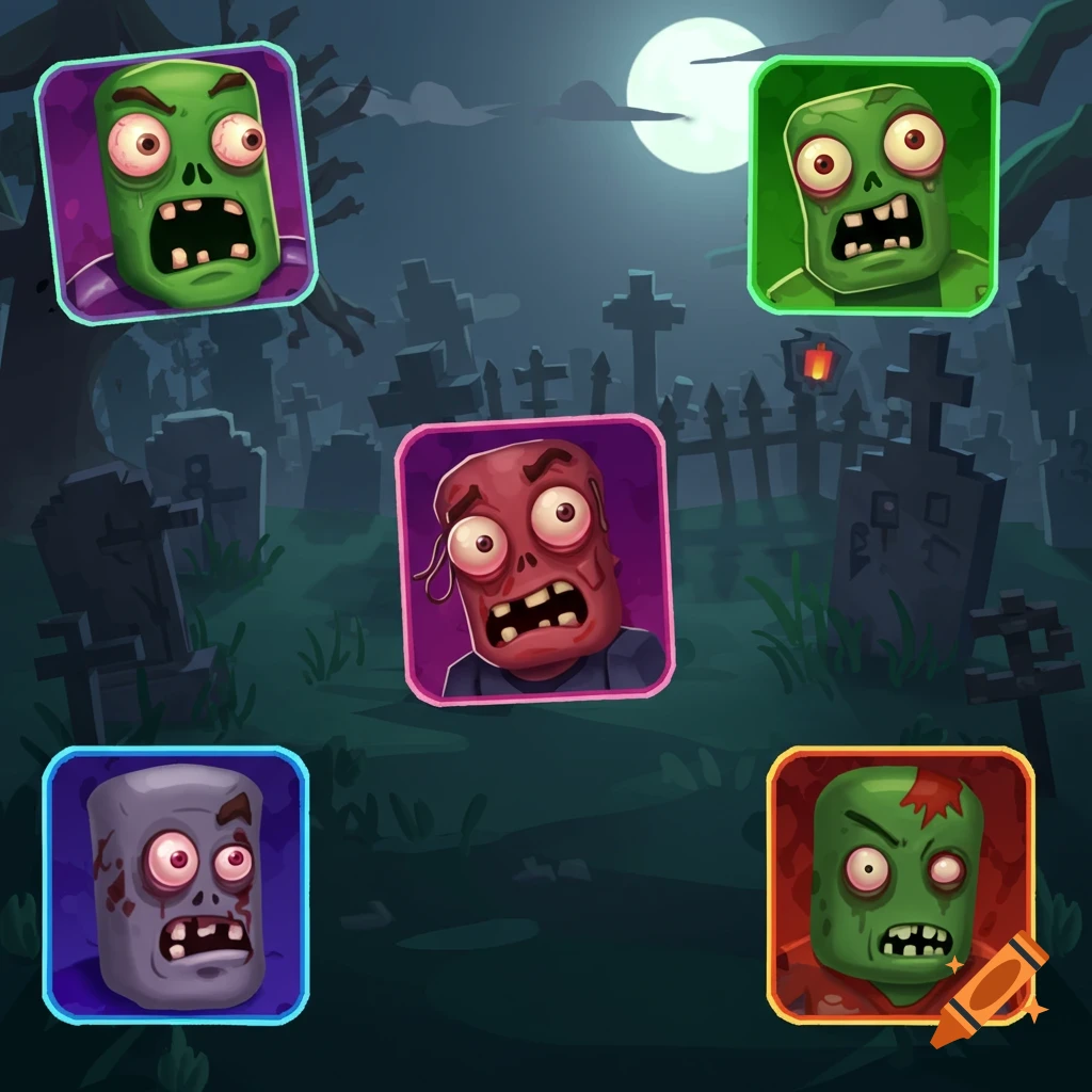 Five cartoon zombie character icons with big eyes and open mouths in a dark graveyard under a full moon.