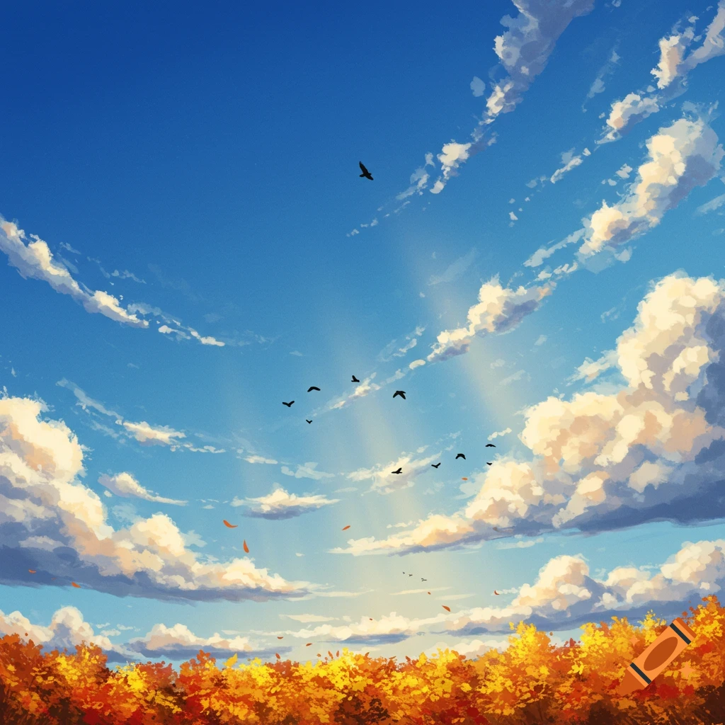 An anime-style autumn landscape with a bright blue sky, white clouds, sun rays, black birds, and vibrant orange-yellow trees.