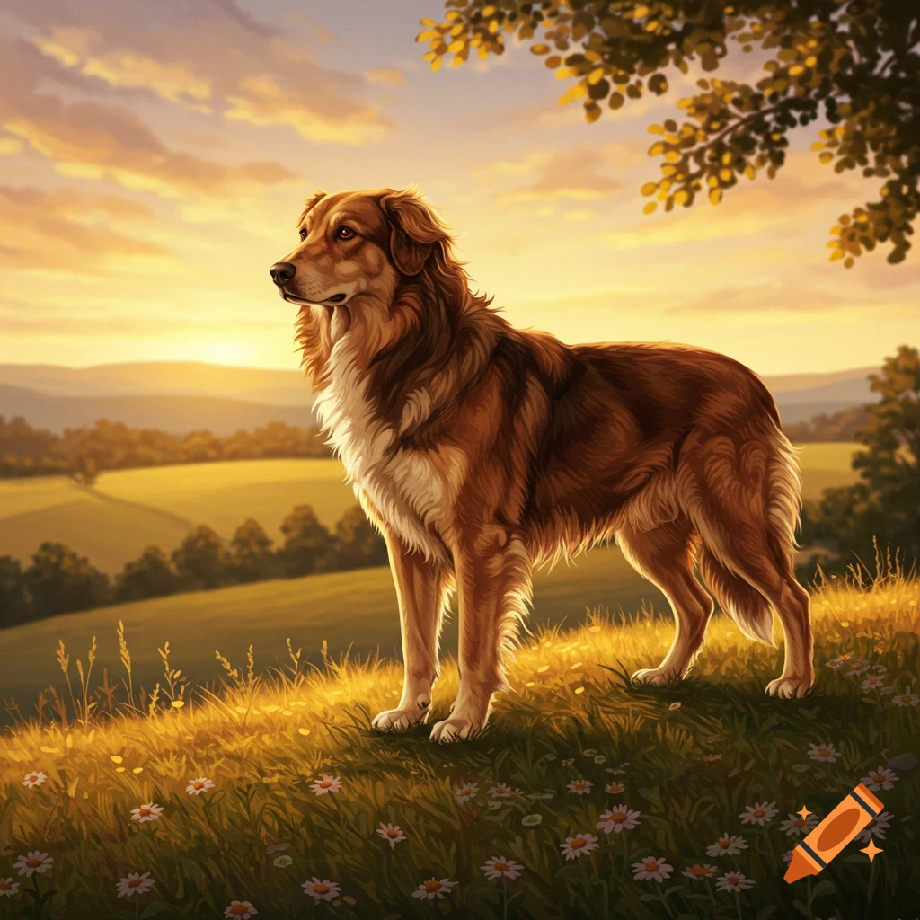 A majestic brown and white long-haired dog stands in a daisy-filled field, illuminated by a warm sunset over rolling hills.
