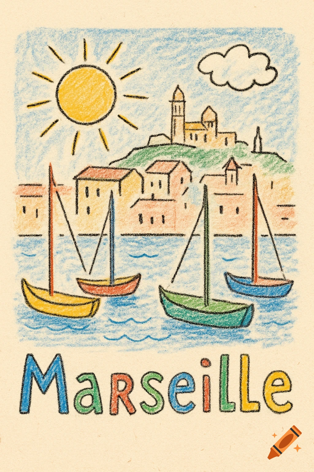A colorful child-like crayon drawing of the Old Port of Marseille with boats, buildings, a sun, and 'Marseille' written below.