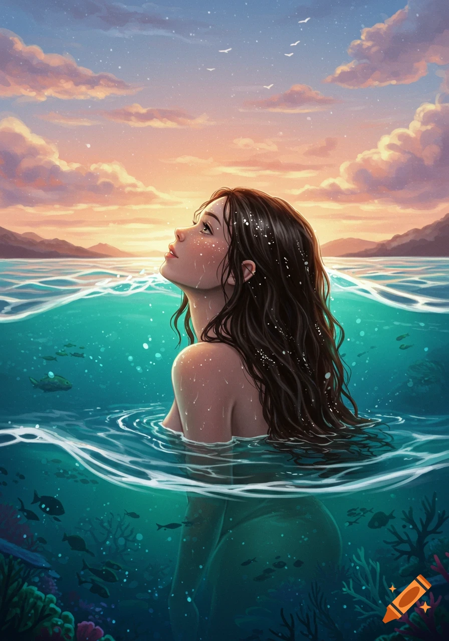 Digital art of a woman swimming in the ocean at sunset, looking up, with fish and coral below.