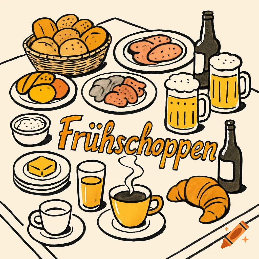 Comic-style drawing of a breakfast table with bread, cold cuts, coffee, juice, beer, and the word 'Frühschoppen'.