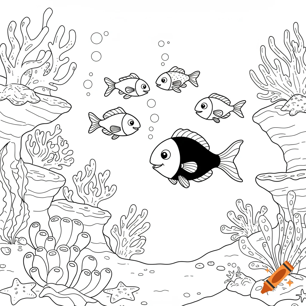 Black and white line art drawing of fish swimming among coral and marine plants, ready for coloring.