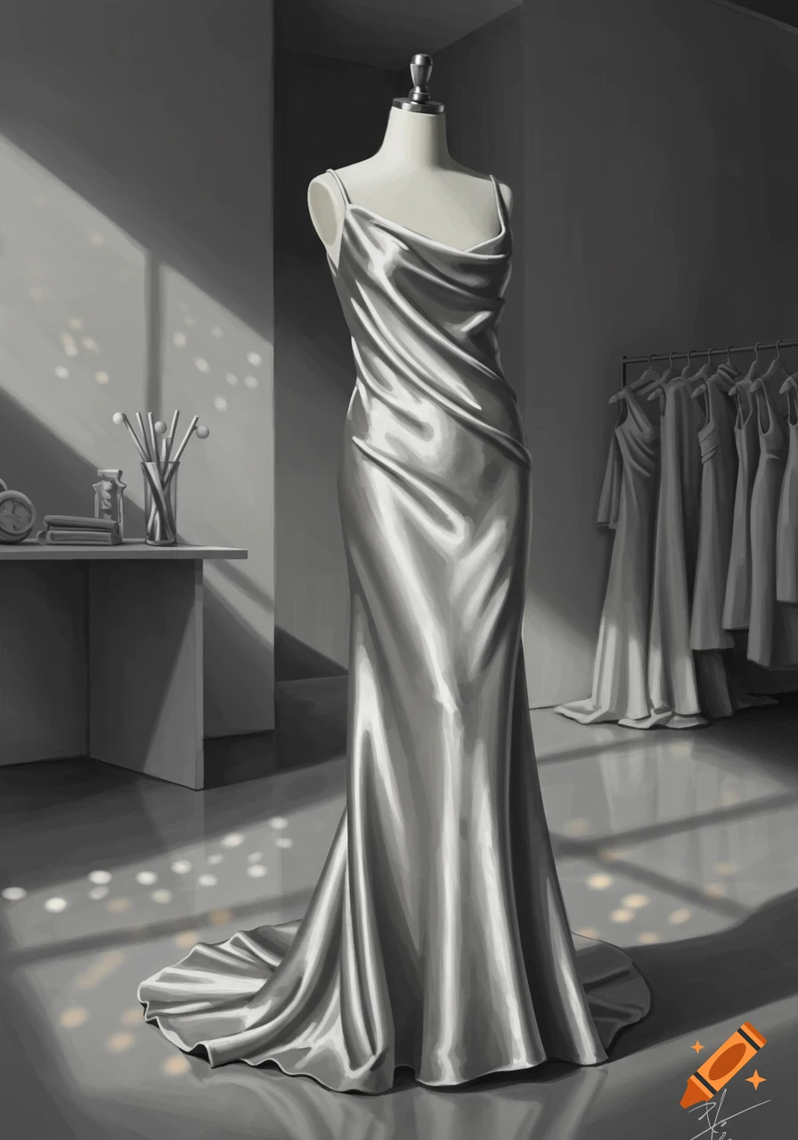 A digital painting of a silver satin gown on a mannequin in a dimly lit room with a clothes rack.
