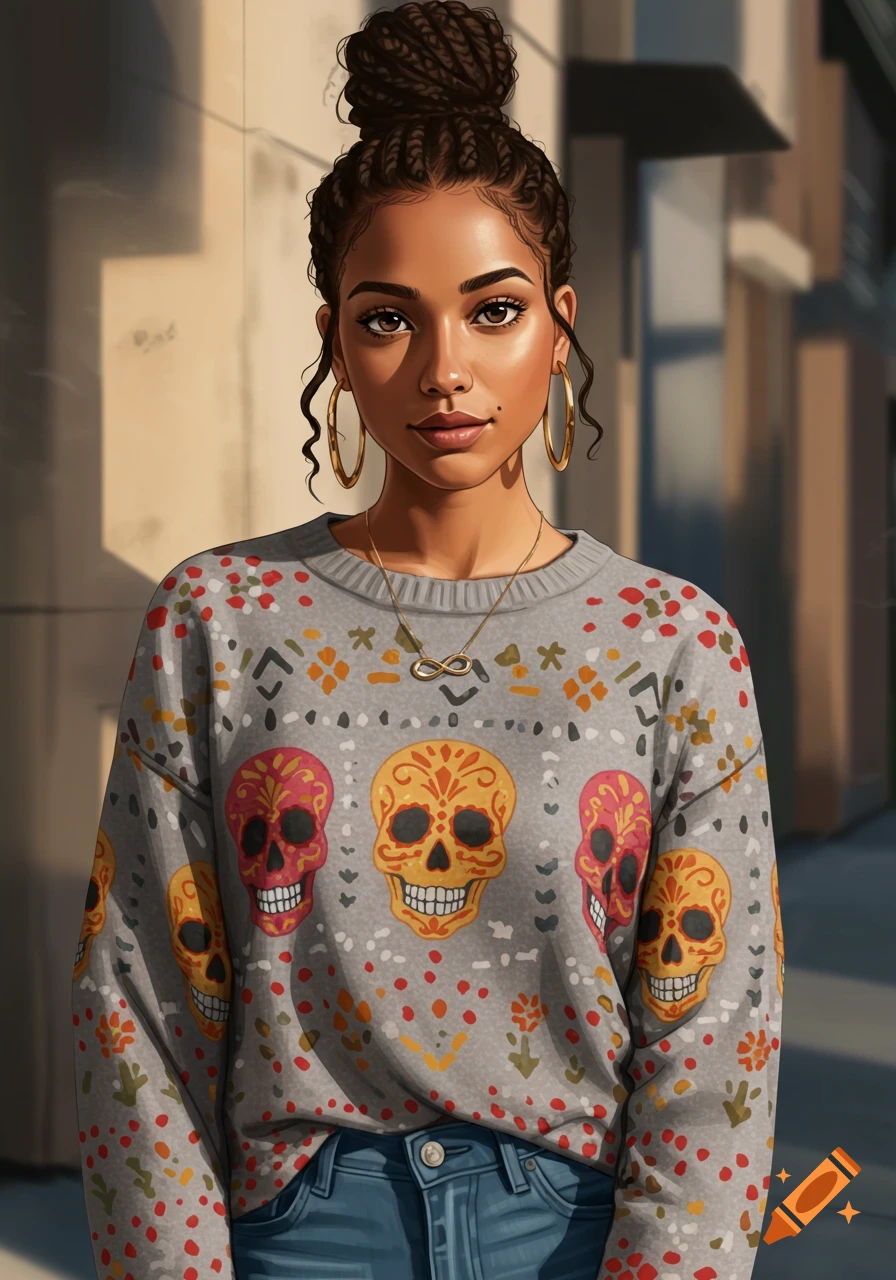 A digital illustration of a light brown woman with a braided bun, gold hoop earrings, and an infinity necklace, wearing a gray sweater adorned with colorful sugar skulls and blue jeans.