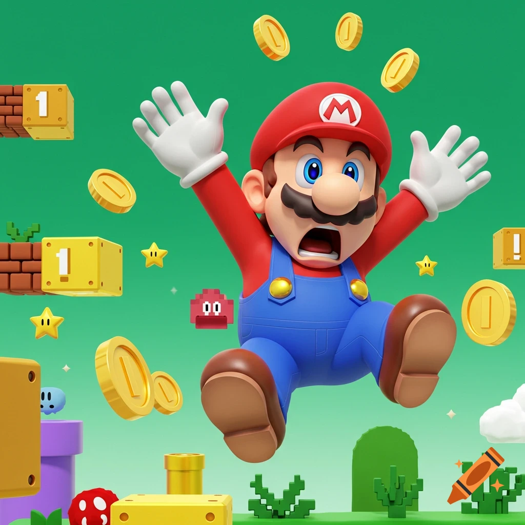 Shocked Mario jumps with arms raised amidst gold coins, stars, and classic Super Mario game blocks against a green background.