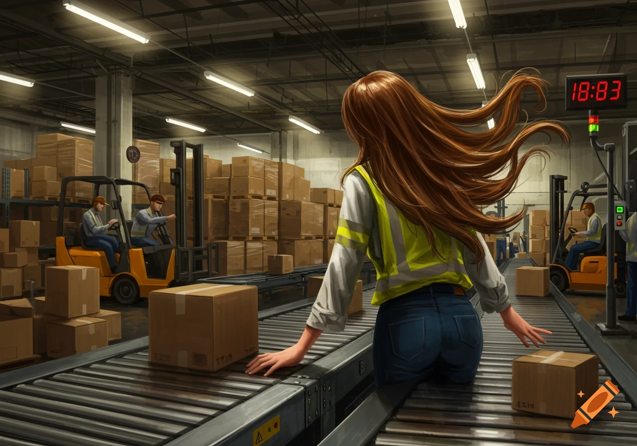 A woman in a safety vest on a conveyor belt in a logistics warehouse, with forklifts and stacks of boxes, illustrated.