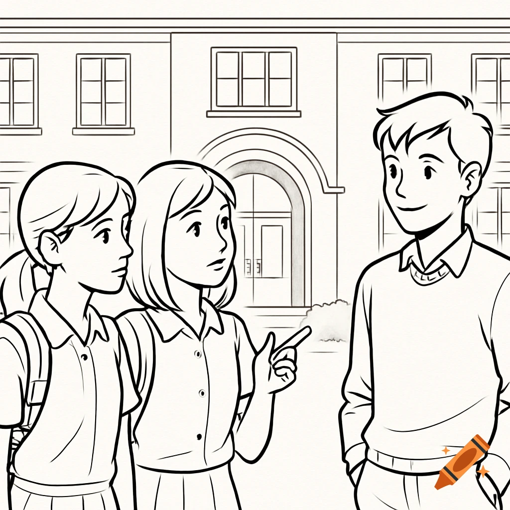 Simple black and white line art of two girls and a boy in front of a school building, one girl pointing at the boy.