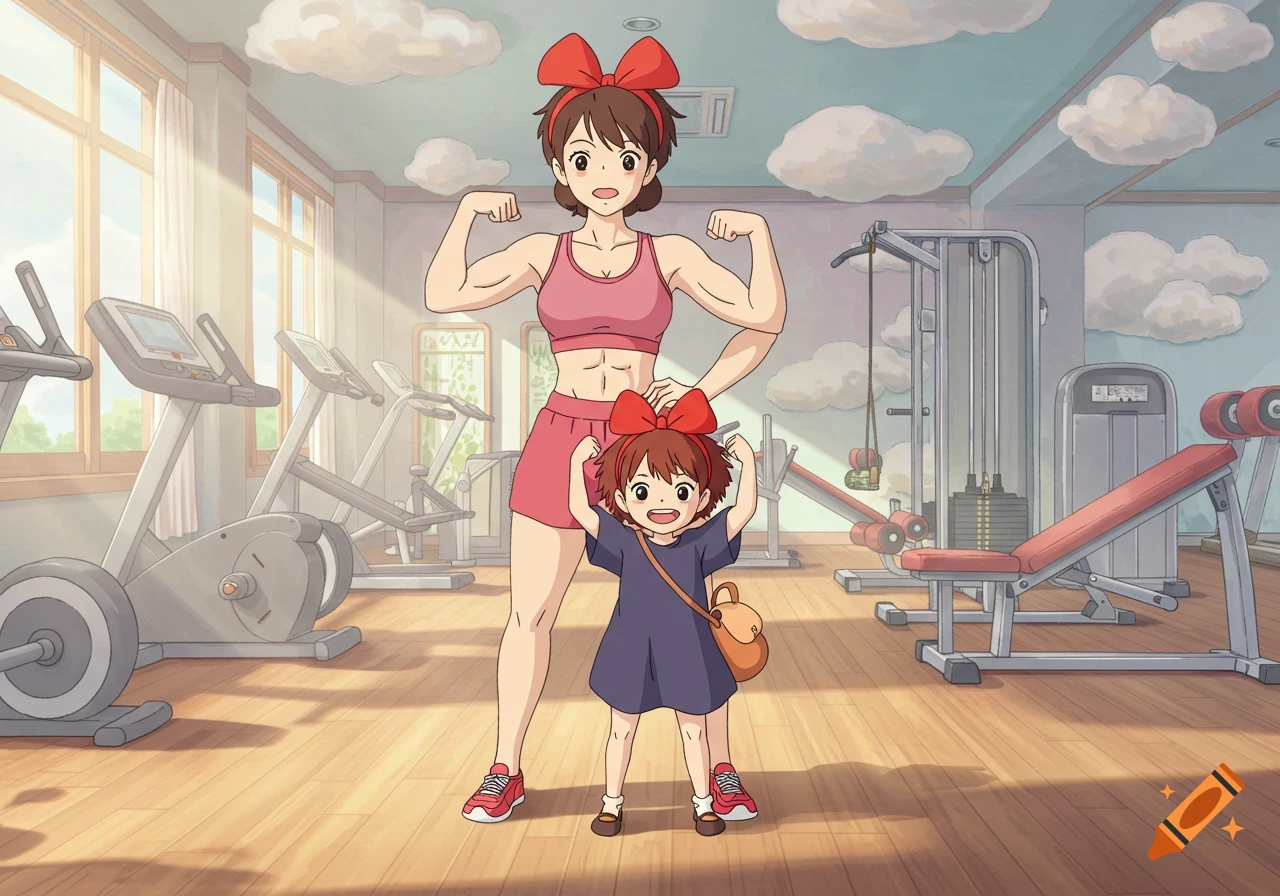 Kiki's mom and Kiki flex their muscles in an anime gym.