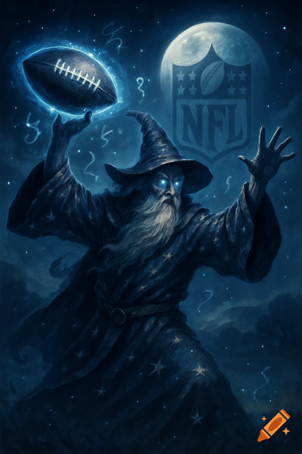 A wizard with glowing blue eyes conjures a glowing American football under a moon with an NFL logo, digital art.