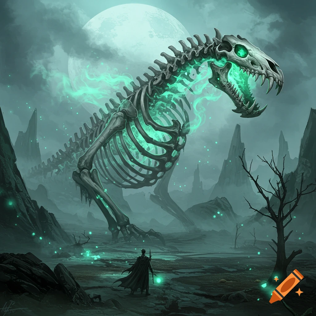 A robed figure stands before a giant skeletal dragon with glowing green energy in a dark, misty fantasy landscape under a full moon.
