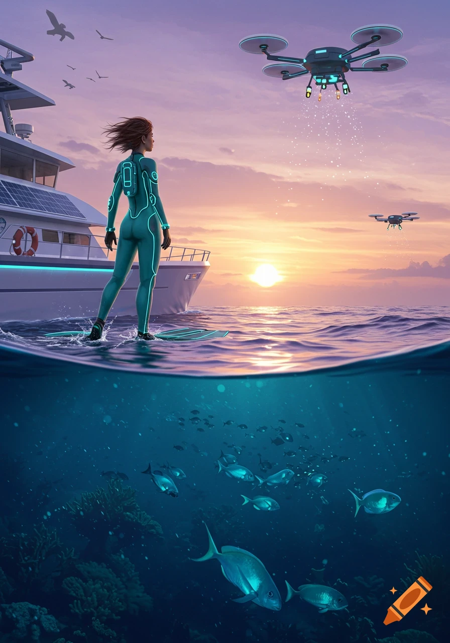 Futuristic marine biologist in glowing wetsuit on surfboard by yacht, watching drones over ocean and underwater reef with fish at sunset.