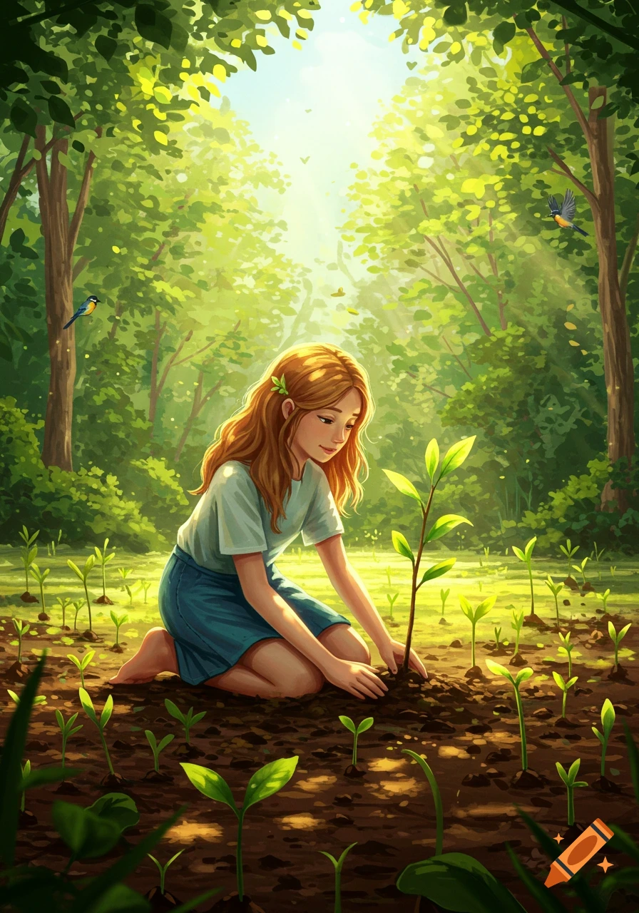 Illustration of a girl planting a sapling in a sunny, vibrant green forest with many small plants.