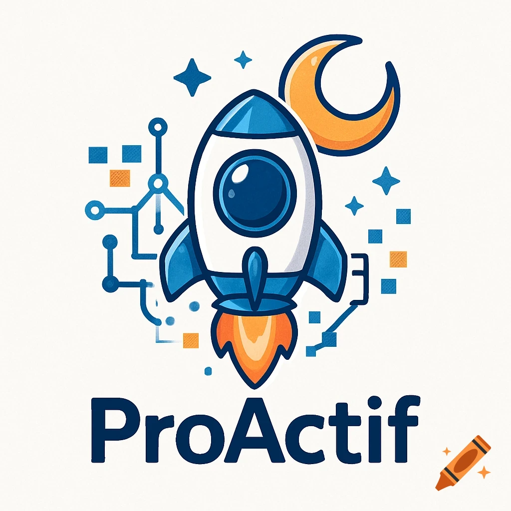 Stylized white and blue rocket launching, with a crescent moon and digital network lines, above "ProActif" text.