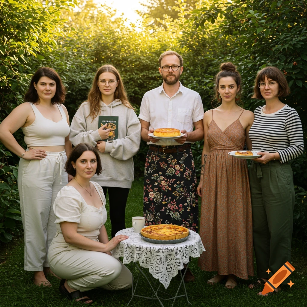 Six people, including a man and five women, pose in a sunny garden. Some hold plates with quiches or a book, and a quiche is on a small table.