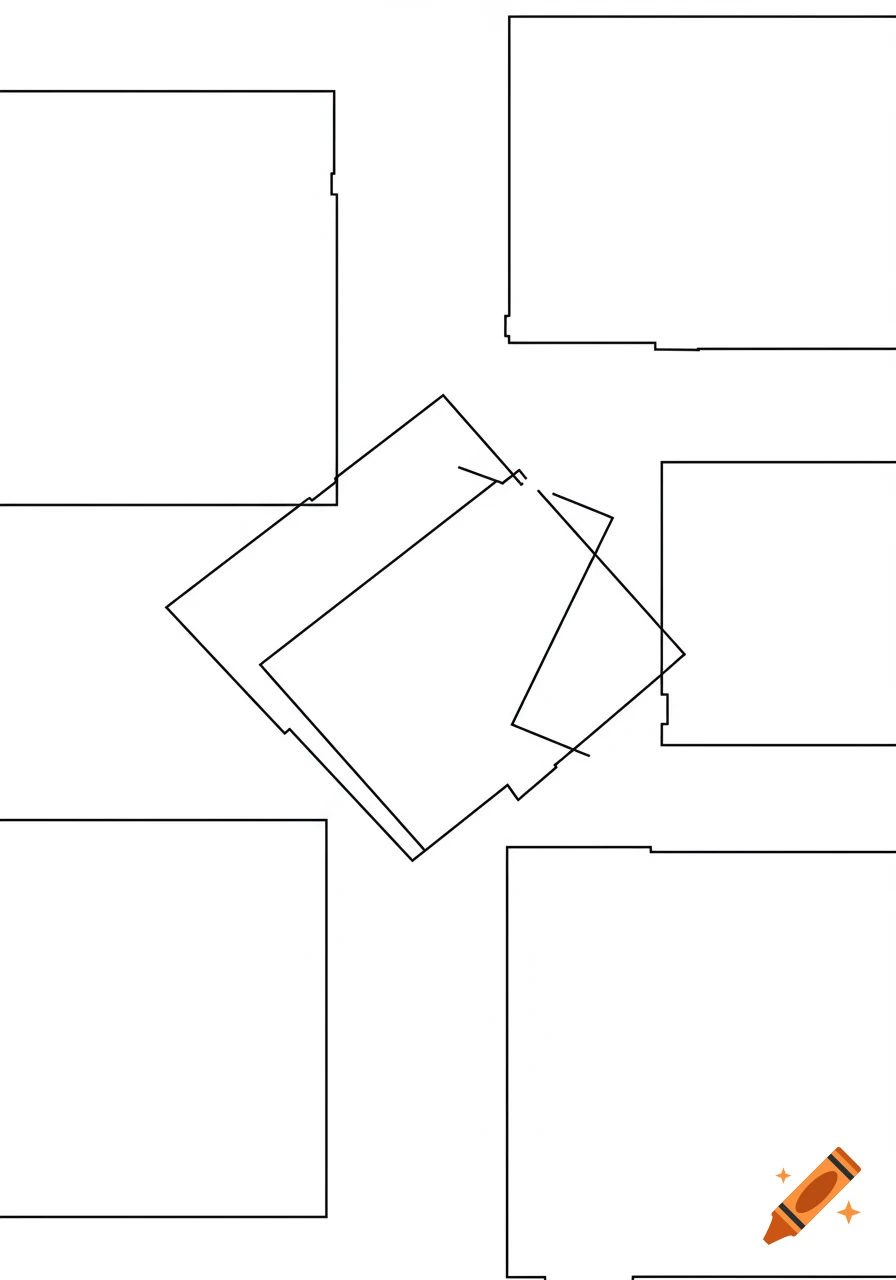 Minimal abstract art featuring black outlined, broken rectangular frames with unfinished corners on a white background.