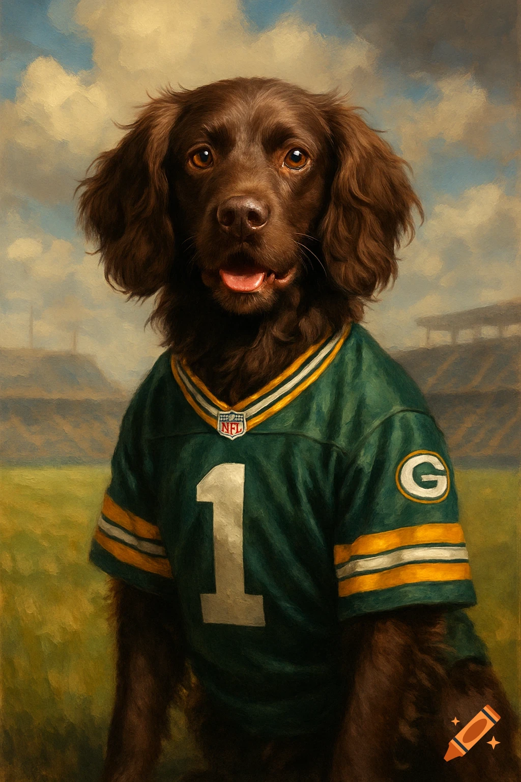 A painted portrait of a brown Boykin Spaniel wearing a Green Bay Packers #1 jersey in a stadium.