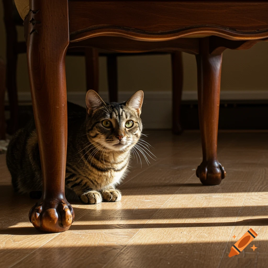 A photorealistic tabby cat peeking out from under a dark wooden table or chair, with sunlight dappling the wooden floor.