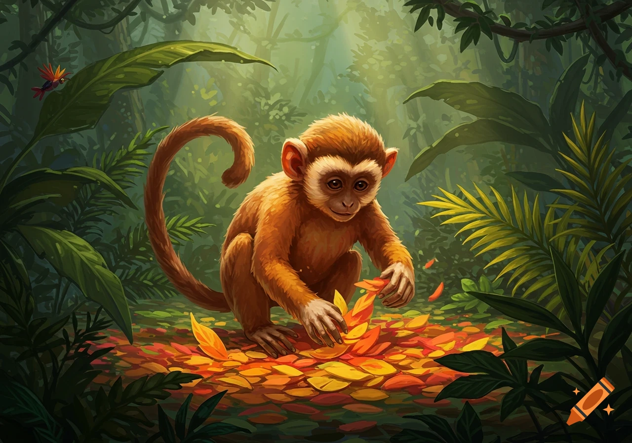 A cute brown monkey crouches in a lush jungle, sorting colorful red and yellow leaves on the forest floor, in a stylized illustration.