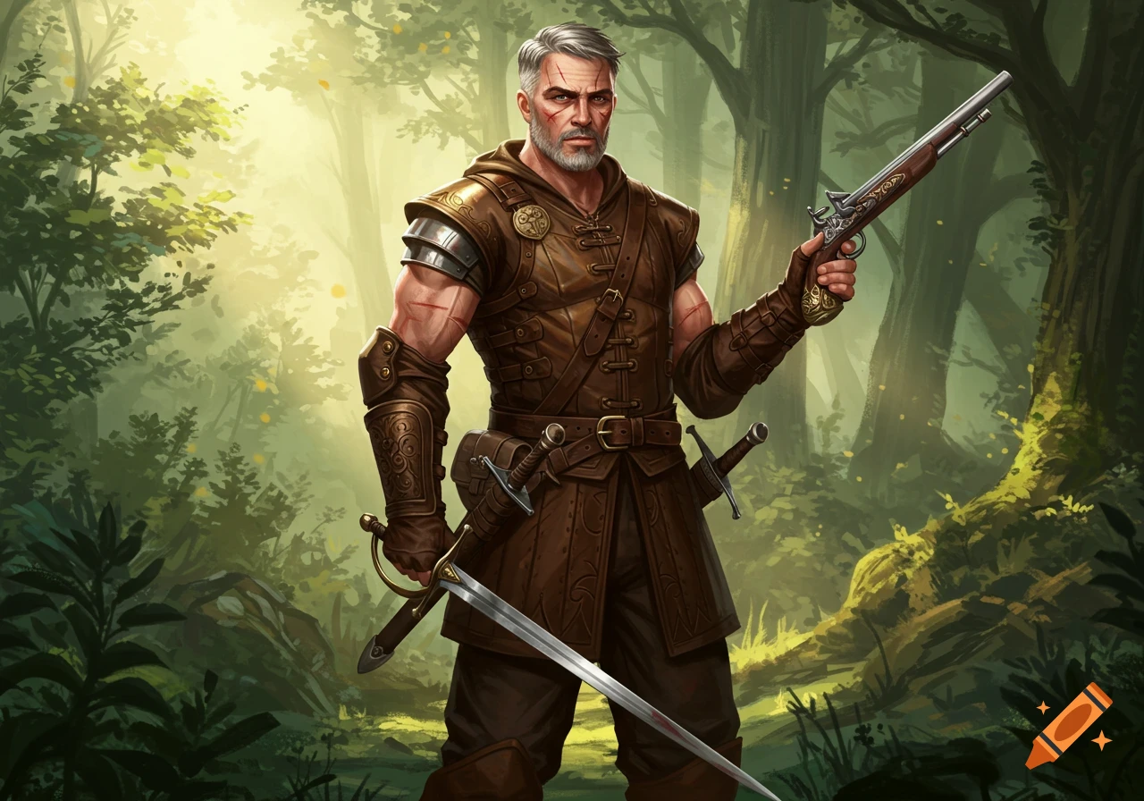 Illustration of a rugged, grey-haired man in fantasy leather armor, with battle scars, holding a sword and a flintlock pistol in a forest.