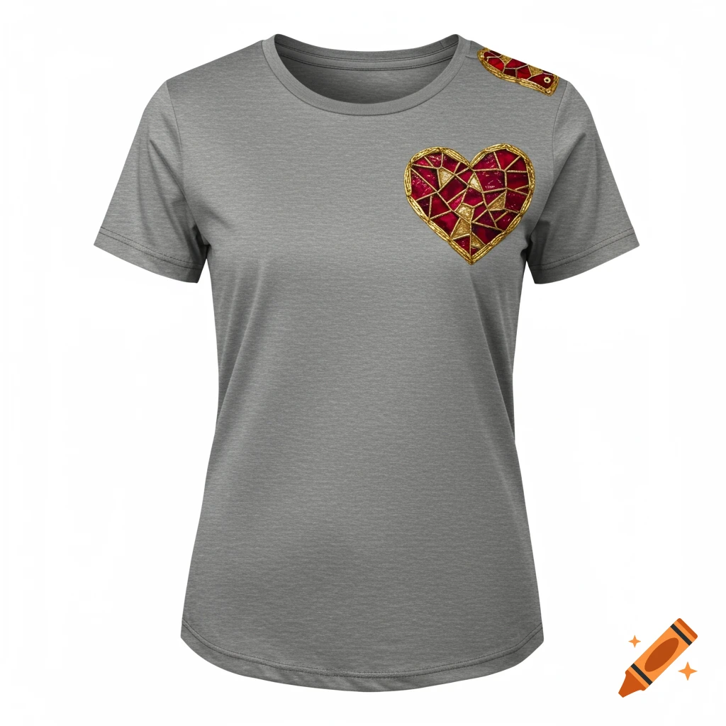 Gray t-shirt with a gold-bordered, mosaic-like red heart design on the chest and a matching design on the left shoulder.
